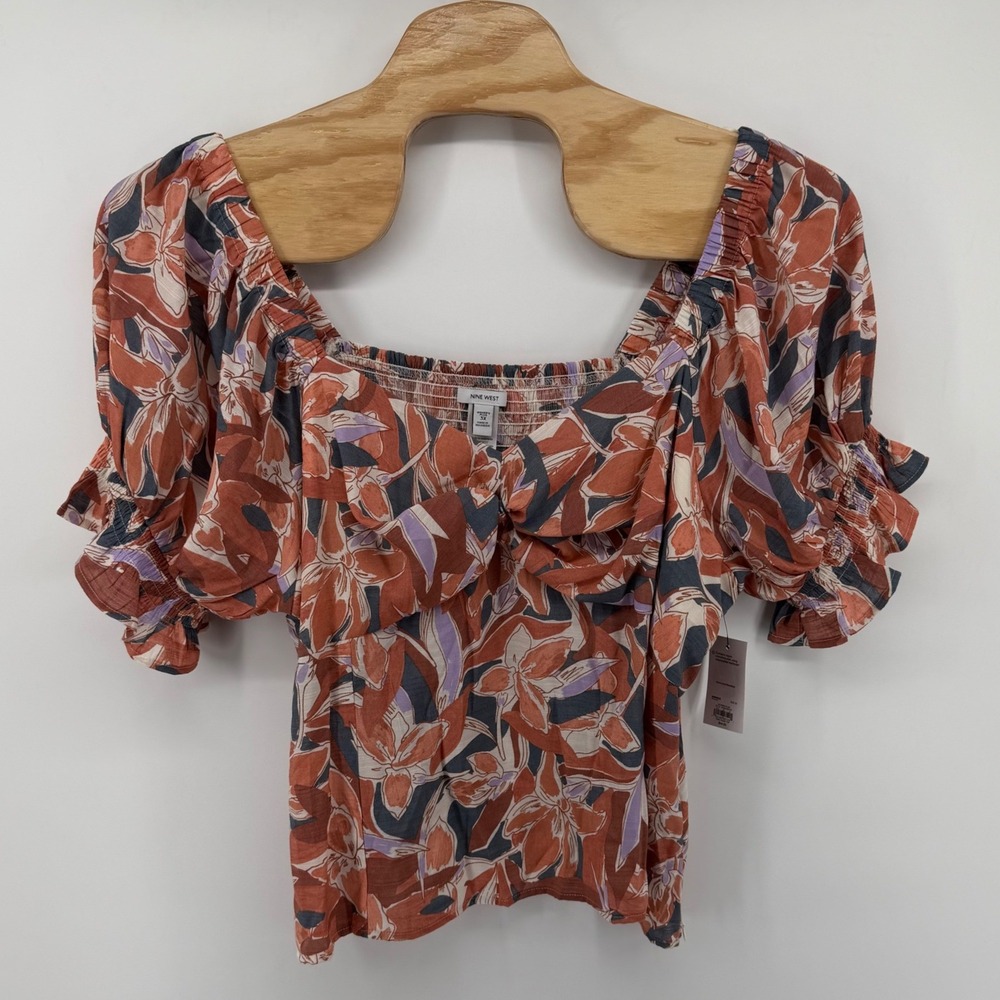 Nine West Top Women 12 Terracotta Floral Puff Sleeve Smocked Back Knot Front New